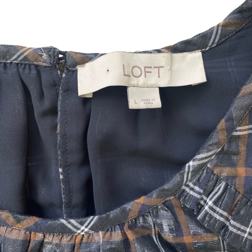 LOFT Metallic Navy Plaid Ruffle Short Sleeve Top, L - Picture 11 of 12